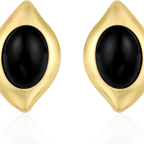 Trendy vintage chunky gold earrings with black enamel and cubic zirconia, 14K go - Picture 1 of 5